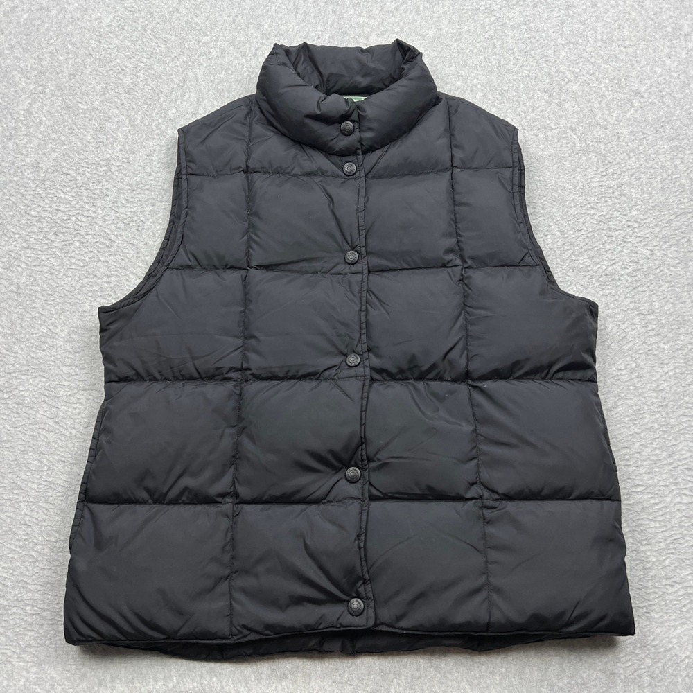 VTG LL Bean Goose Down Puffer Vest Womens Medium Black Snap Front Quilted Top